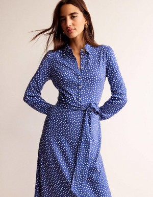 Blue / white Women's Boden Laura Jersey Midi Shirt Dress | 82059KMHL