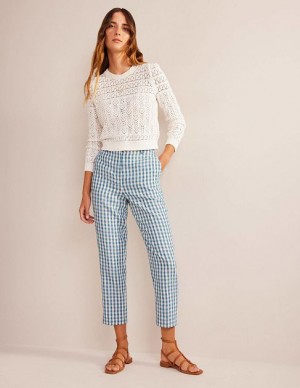 Blue / white Women's Boden Tapered Linen Pants | 30581AYBX