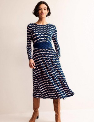 Blue / white Women's Boden Thea Long Sleeve Midi Dress | 64328ONDR