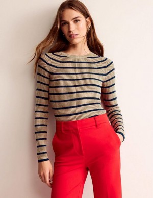 Brown Navy Stripes Women's Boden Effie Sparkle Stripe Sweaters | 82064XLDZ