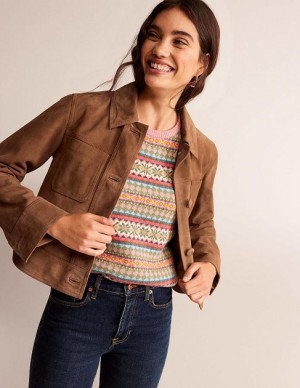 Brown Women's Boden Collared Suede Jackets | 87691KQLH