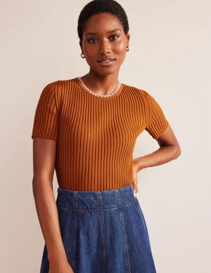 Brown Women's Boden Crochet-trim T-Shirt | 80614TXVO