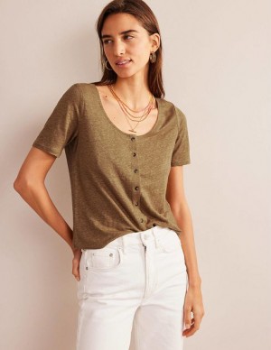 Brown Women's Boden Scoop Neck Linen T-Shirt | 06972DESK