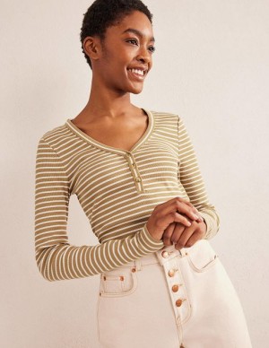 Brown / White Stripes Women's Boden Stripe Ribbed Fitted Henley T-Shirt | 81369UXSN