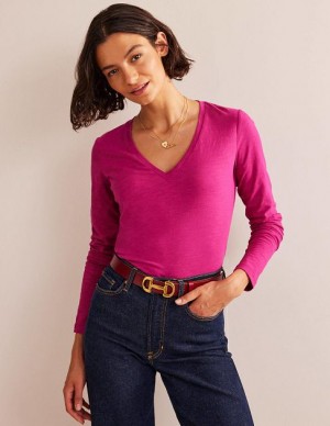 Burgundy Women's Boden Cotton V-neck Long Sleeve Tops | 50749NFRC