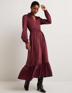 Burgundy Women's Boden Pleat Detail Satin Midi Dress | 04967ICLM