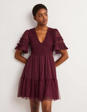 Burgundy Women's Boden Smocked Tulle Mini Dress | 52083NTUS