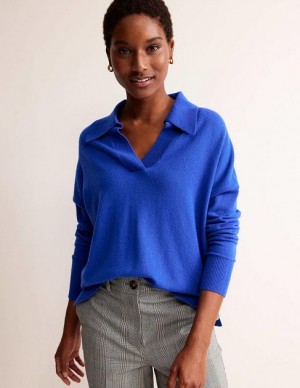 Deep Blue Women's Boden Collared Cashmere Henley Sweaters | 41582VKXZ