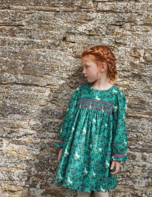 Deep Green Kids' Boden Cord Smocked Dress | 01429ROKC