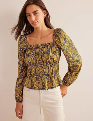 Gold Women's Boden Ruched Waist Peplum Tops | 24501NTXA