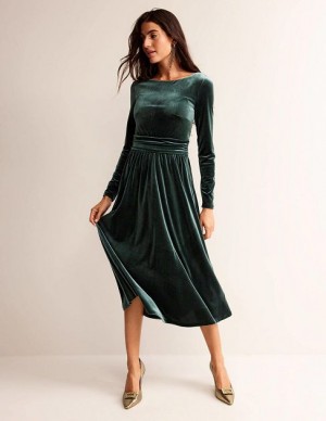 Green Women's Boden Lois Velvet Dress | 16937VNUC