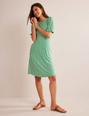 Green Women's Boden Puff Sleeve Jersey Mini Dress | 51396CPTD