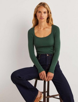 Green Women's Boden Ribbed Square Neck Tops | 43710OZFM