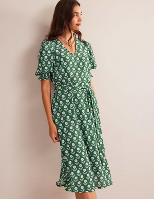 Green Women's Boden Smocked-cuff Midi Dress | 86197DXBU