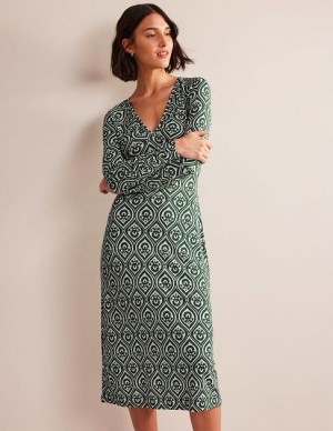 Green Women's Boden V-neck Jersey Midi Dress | 69208WBND