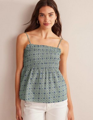 Green / Blue Women's Boden Smocked Cami Tops | 14798UOCG