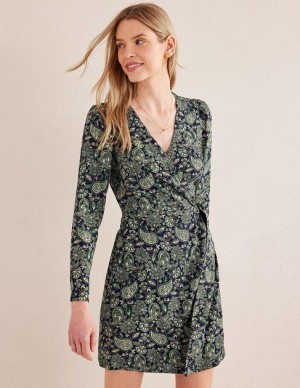 Green / Blue Women's Boden Wrap Detail Mini Dress | 07963VDFN