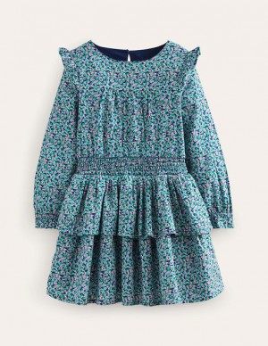 Green / Blue / Pink Kids' Boden Frill Cotton Dress | 81452ZDAJ