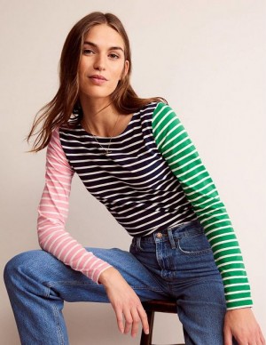 Green / Navy Women's Boden Ella Long Sleeve Breton T-Shirt | 03975VCUW