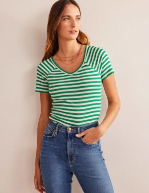 Green / White Stripes Women's Boden Anna Rib V-neck T-Shirt | 93247VIDX