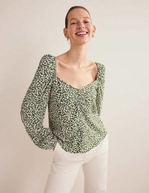 Green / White Women's Boden Sweetheart Printed Tops | 92160JNCF