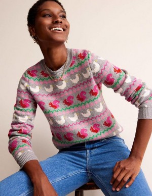 Grey / Red / Green Women's Boden Edie Fair Isle Sweaters | 62974TCYZ