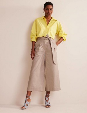 Khaki Women's Boden Belted Wide Leg Crop Pants | 60435JBRC