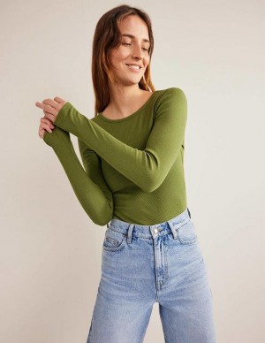 Khaki Women's Boden Cotton Ribbed Long Sleeve Tops | 35940VZBO