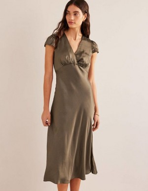 Khaki Women's Boden Satin Empire Midi Dress | 04826DCIQ