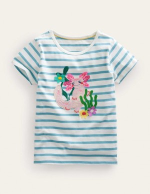 Light Turquoise / White Kids' Boden Applique T-Shirt | 01728EYMN