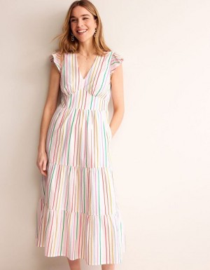 Multicolor Stripes Women's Boden May Cotton Midi Dress | 06812ZTJW