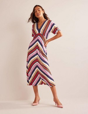 Multicolor Stripes Women's Boden V-neck Satin Midi Dress | 03214PVBJ