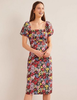 Multicolor Women's Boden Puff Sleeve Column Midi Dress | 46079JUZD