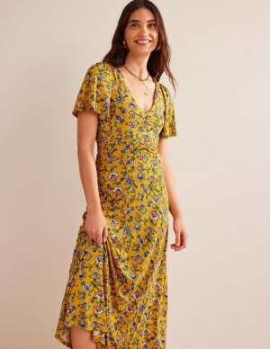 Mustard Women's Boden V-neck Jersey Midi Dress | 17925USJO