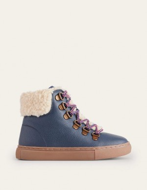 Navy Blue Kids' Boden Cosy Leather Lace Up Boots | 57064GJNF