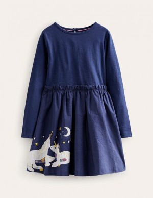 Navy Kids' Boden Jersey Woven Applique Dress | 12960NIPZ