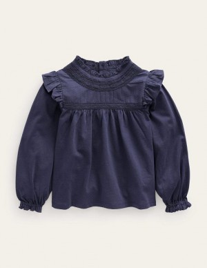 Navy Kids' Boden Lace Detail Jersey Tops | 06327XERT