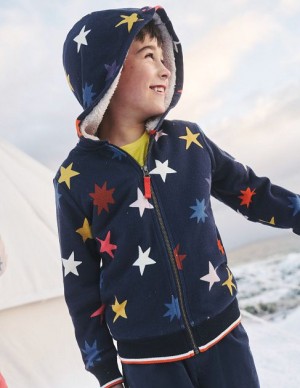 Navy Kids' Boden Printed Shaggy-lined Hoodie | 62891DURN