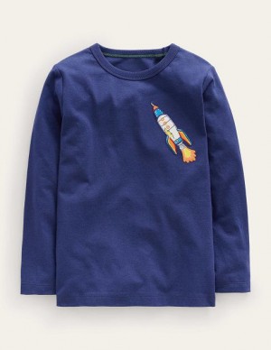 Navy Kids' Boden Rocket Logo T-Shirt | 56148UDSK