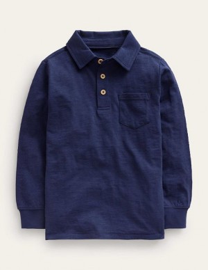 Navy Kids' Boden Slubbed Long-sleeve Polo Shirts | 82765GOSR