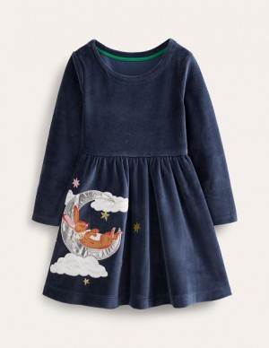 Navy Kids' Boden Twirly Velour Appliqué Dress | 84391HBIA