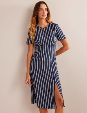 Navy White Stripes Women's Boden Striped Asymmetric Midi Dress | 85731NHUS