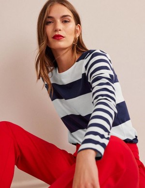 Navy White Women's Boden Bea Long Sleeve Breton T-Shirt | 04956SKTB