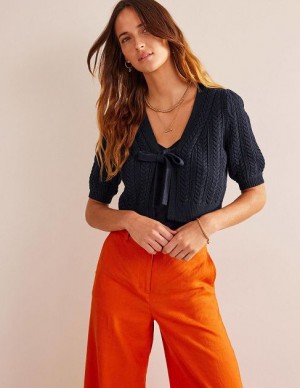 Navy Women's Boden Bow-trim Cropped Cardigan | 98732WDAV