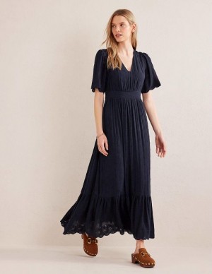 Navy Women's Boden Broderie Maxi Dress | 05263QNMH