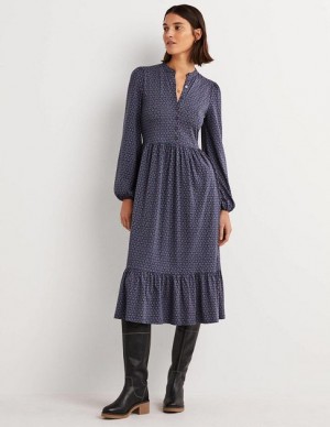 Navy Women's Boden Buttoned Jersey Midi Dress | 15807QMDG