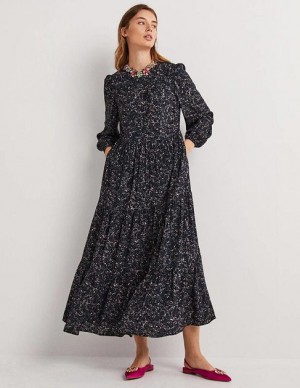 Navy Women's Boden Crew Neck Tiered Dress | 40581TEUP