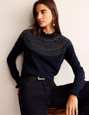 Navy Women's Boden Embellished Yoke Sweaters | 61349QNYU