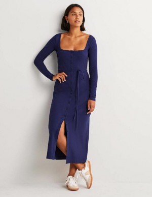 Navy Women's Boden Jersey Rib Midi Dress | 50261FNYI