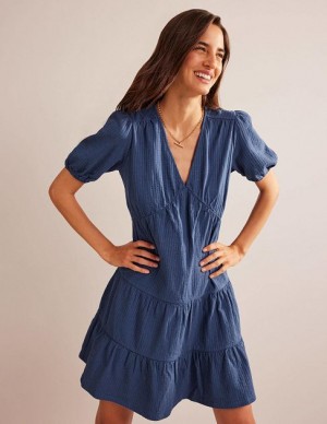 Navy Women's Boden Jersey Seersucker Dress | 48257GBTO